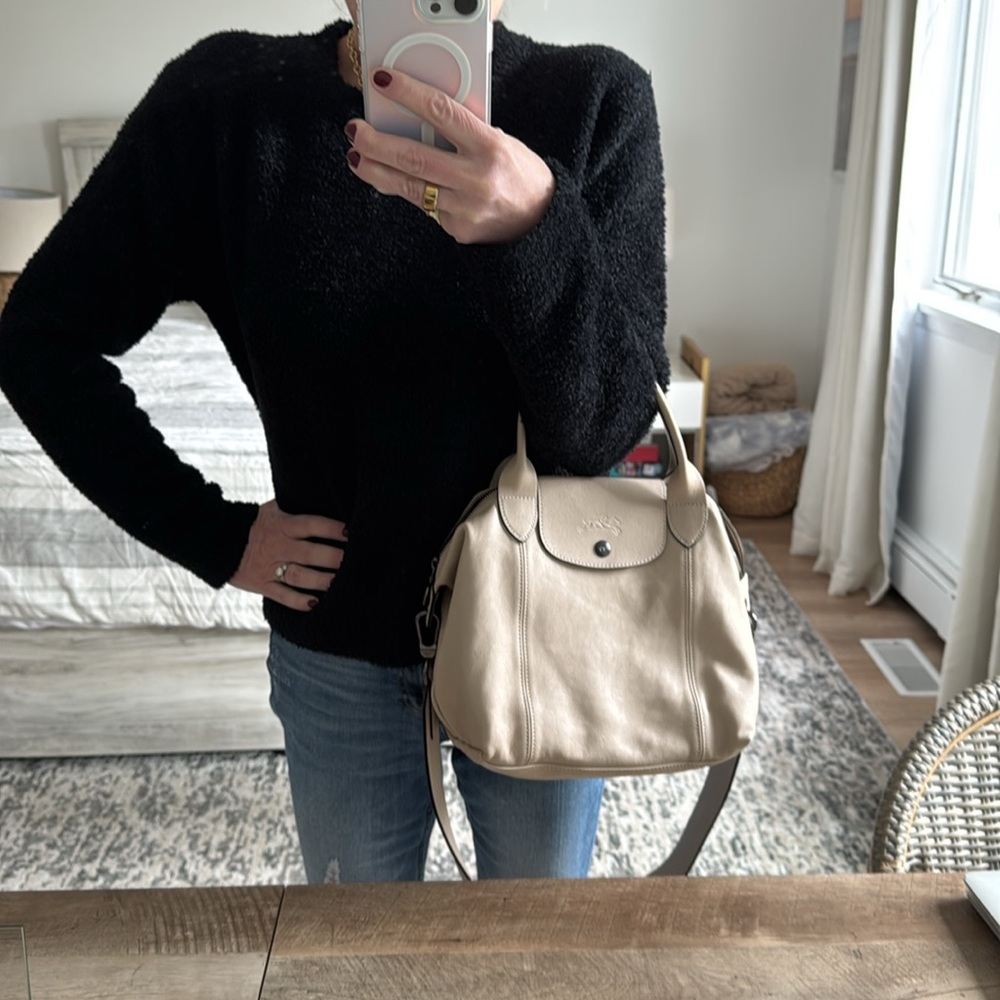 Longchamp le pliage cuir leather small handbag bag nude bone ivory off-white